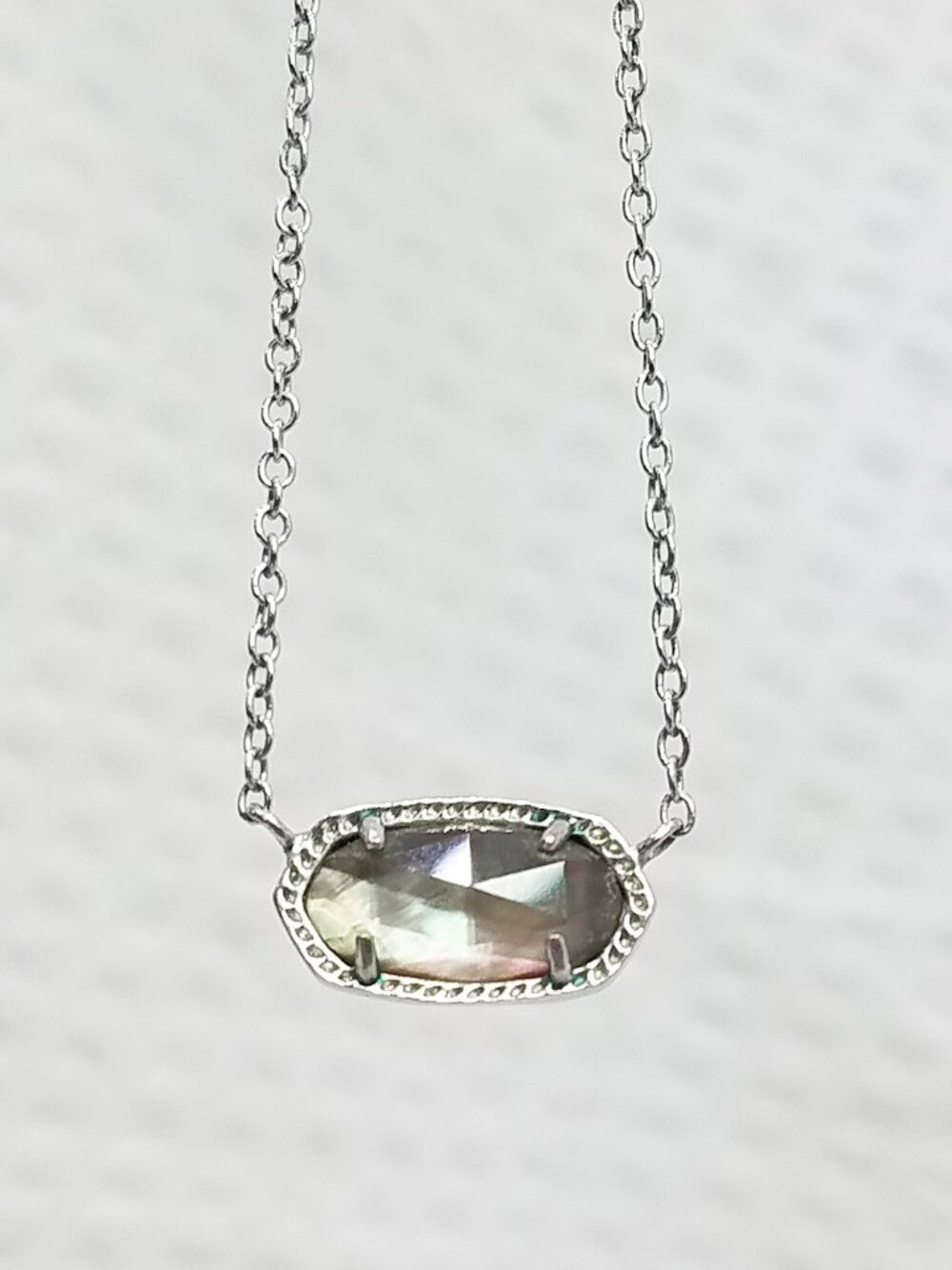 Signed Kendra Scott Elisa MOP Crystal Oval Rhodium-Plated Brass Pendant Necklace